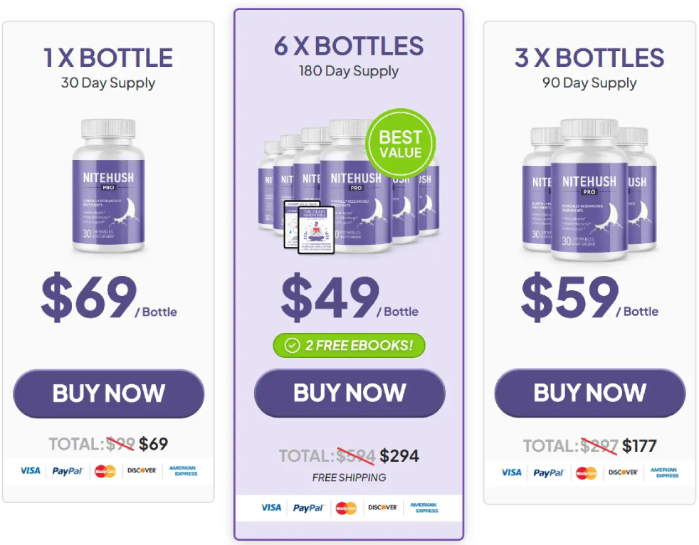NiteHush Pro bundle deal promotion showing multiple bottle packages with special discount pricing