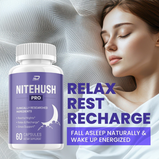 NiteHush Pro supplement benefits including support for snore free sleep restful nights and healthy breathing